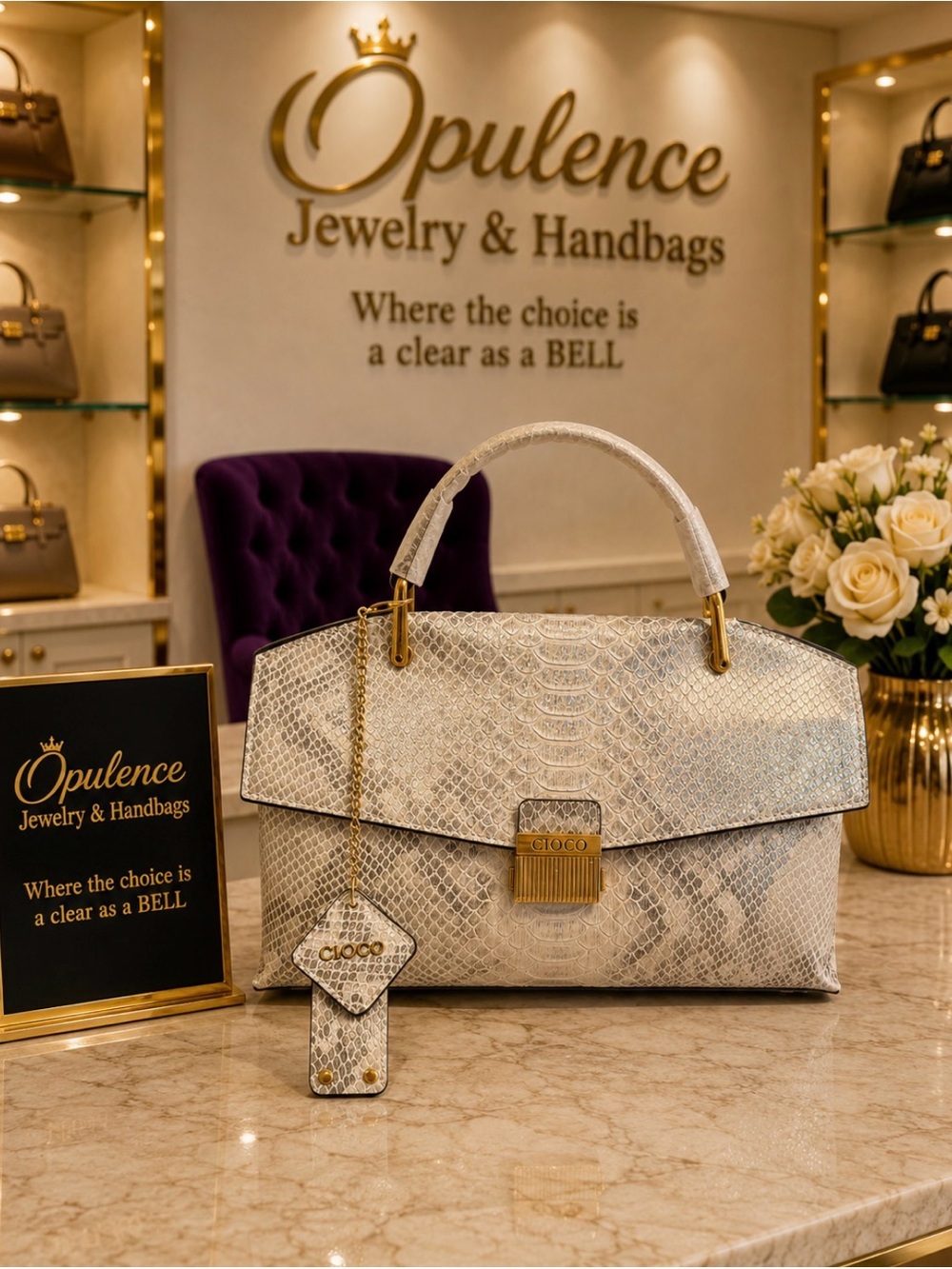 White Snakeskin-Effect Top-Handle Bag